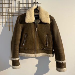 Maje, Sherling lamented leather biker jacket.